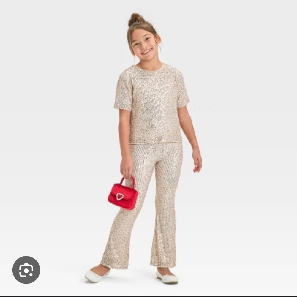 Girls' Sequin Outfit with Red Heart Purse